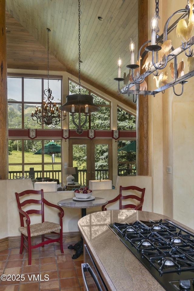 32 Greystone Ct, Beaver Creek, CO 81620 - dining area featuring a chandelier, high vaulted ceiling, wooden ceiling, healthy amount of natural light, and tile patterned floors