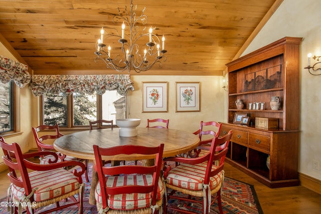 dining space with wood finished floors, wooden ceiling, and vaulted ceiling