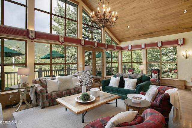 32 Greystone Ct, Beaver Creek, CO 81620 - living area featuring a chandelier, high vaulted ceiling, wood finished floors, and wood ceiling
