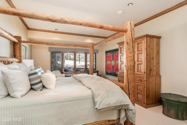 bedroom featuring beamed ceiling, light colored carpet, and ornamental molding