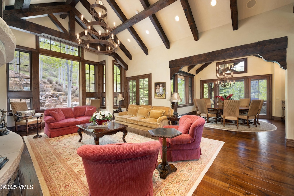2145 Cresta Rd, Edwards, CO 81632 - living room with a chandelier, beamed ceiling, high vaulted ceiling, hardwood / wood-style floors, and recessed lighting