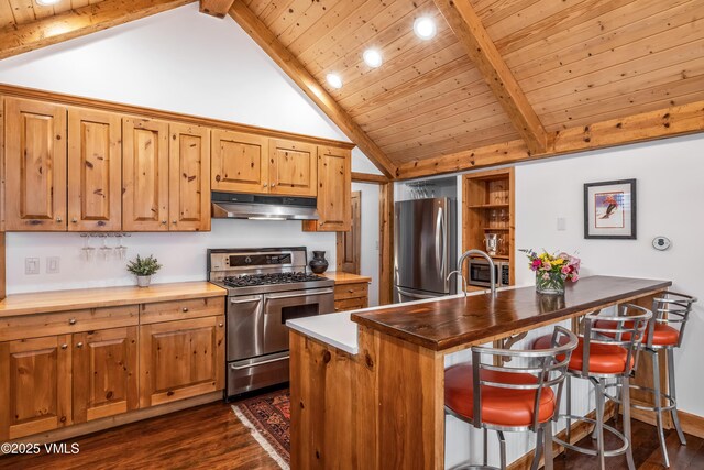 473 Pine St, Minturn, CO 81645 - kitchen with under cabinet range hood, appliances with stainless steel finishes, dark wood-style floors, a wooden ceiling with exposed beams, and recessed lighting