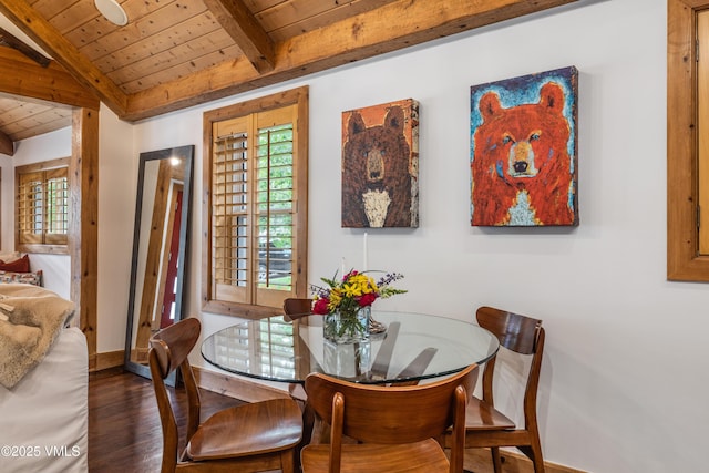 473 Pine St, Minturn, CO 81645 - dining area featuring wood ceiling, wood finished floors, and plenty of natural light