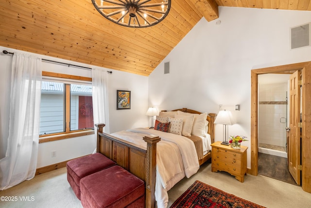 473 Pine St, Minturn, CO 81645 - bedroom featuring carpet, a chandelier, a wooden ceiling with exposed beams, ensuite bathroom, and high vaulted ceiling