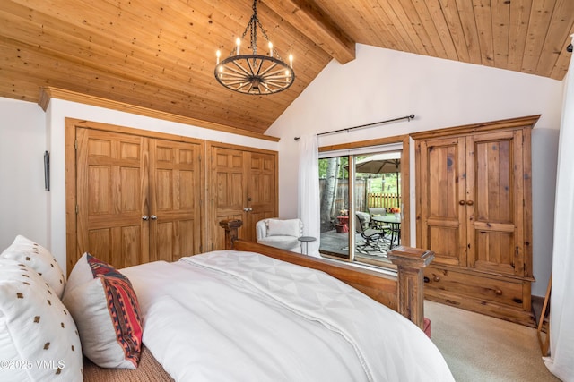 473 Pine St, Minturn, CO 81645 - carpeted bedroom featuring access to outside, a chandelier, a wood ceiling with exposed beams, high vaulted ceiling, and a closet