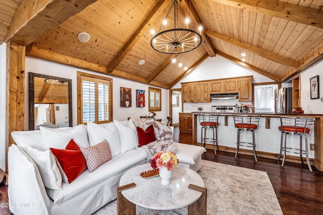 473 Pine St, Minturn, CO 81645 - living area with wood ceiling, dark wood-style floors, and a chandelier