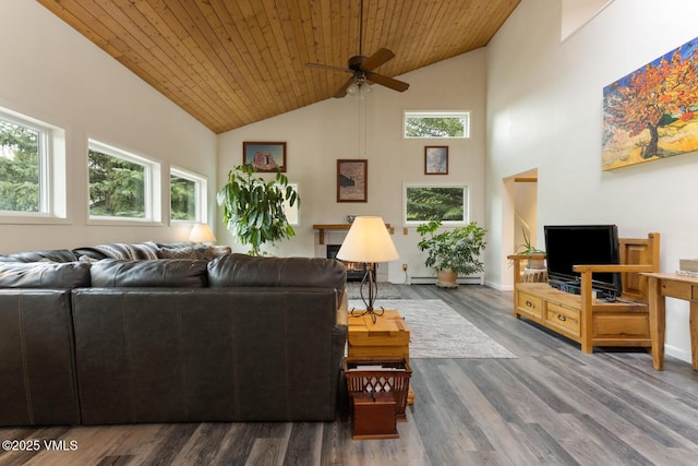 living room featuring high vaulted ceiling, ceiling fan, plenty of natural light, wood finished floors, and wooden ceiling