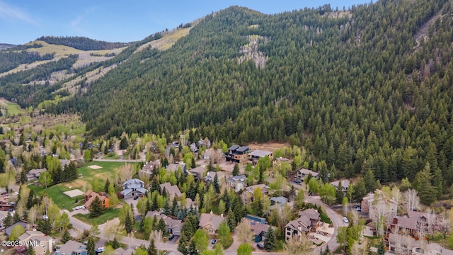 view of property location featuring a heavily wooded area, a mountain backdrop, and nearby suburban area