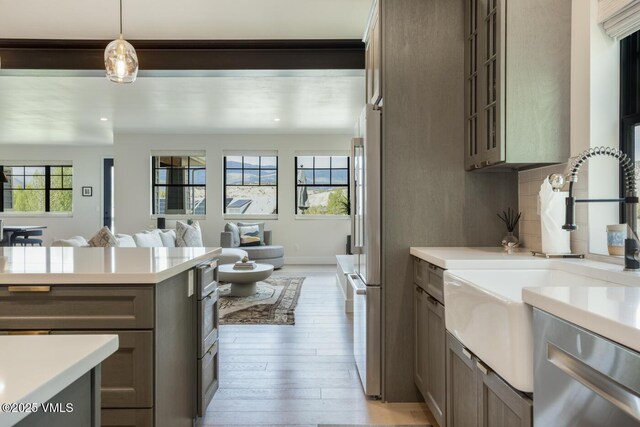 207 Aidan Rd, Eagle, CO 81631 - kitchen with light countertops, light wood-type flooring, a sink, glass insert cabinets, and open floor plan