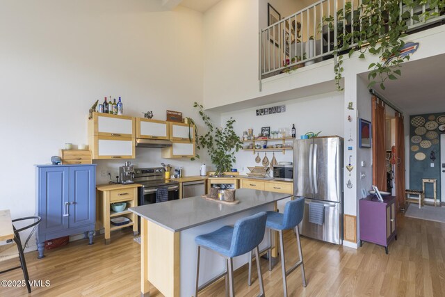 705 Nogal Rd Unit C9, Eagle, CO 81631 - kitchen featuring stainless steel appliances, a towering ceiling, under cabinet range hood, light wood-style flooring, and open shelves