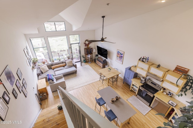 705 Nogal Rd Unit C9, Eagle, CO 81631 - living room with light wood-type flooring, high vaulted ceiling, and a ceiling fan