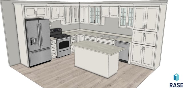 kitchen featuring a center island, light hardwood / wood-style flooring, and appliances with stainless steel finishes