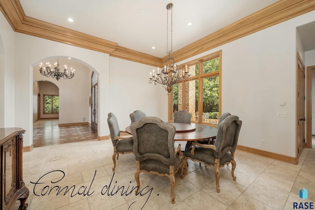 dining area with a chandelier, ornamental molding, and a healthy amount of sunlight