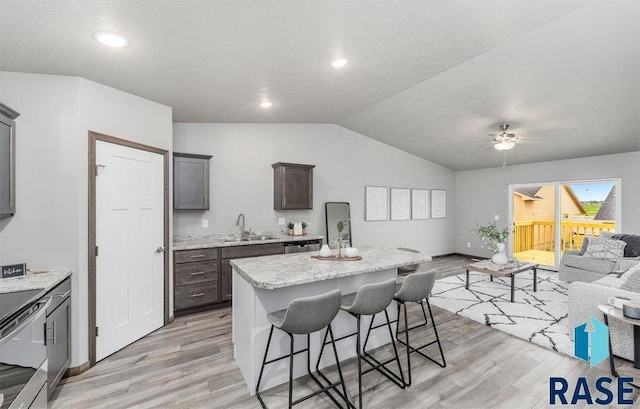 kitchen featuring ceiling fan, a kitchen island, light hardwood / wood-style floors, and sink