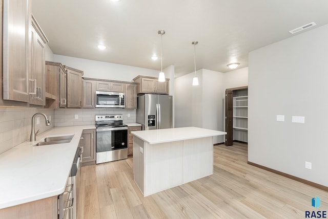 kitchen with sink, decorative light fixtures, tasteful backsplash, a kitchen island, and appliances with stainless steel finishes