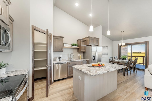 kitchen with decorative light fixtures, an inviting chandelier, appliances with stainless steel finishes, light wood-type flooring, and backsplash