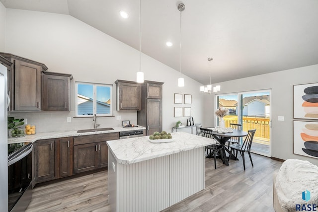 kitchen featuring sink, a center island, hanging light fixtures, appliances with stainless steel finishes, and backsplash