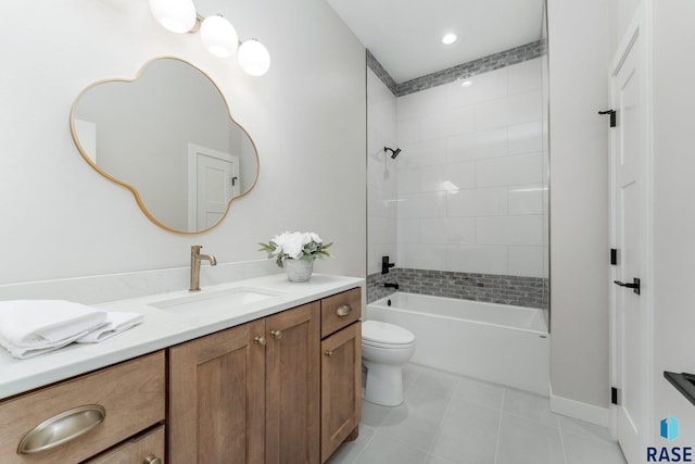 full bathroom with vanity, toilet, tile patterned floors, and tiled shower / bath