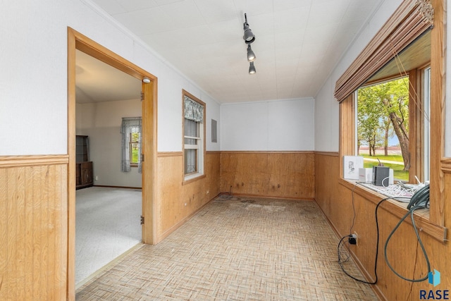 interior space with wooden walls and rail lighting