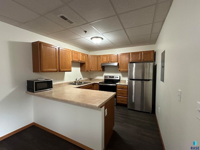 kitchen featuring stainless steel appliances, a drop ceiling, sink, and dark wood-type flooring