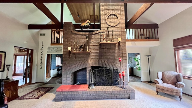 living room featuring beamed ceiling, a fireplace, carpet flooring, brick wall, and high vaulted ceiling