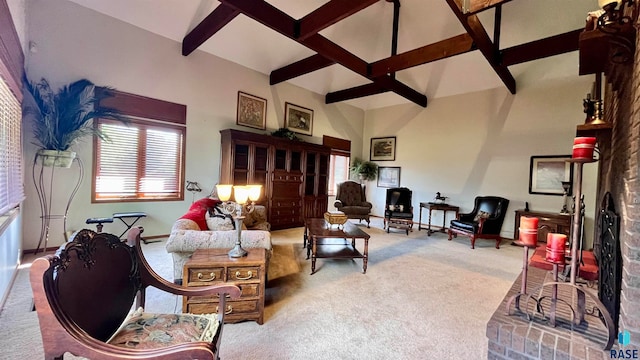 carpeted living room with vaulted ceiling with beams