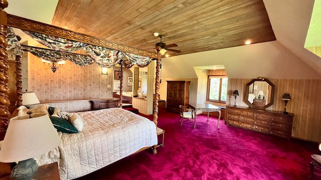 carpeted bedroom with ceiling fan and wooden ceiling