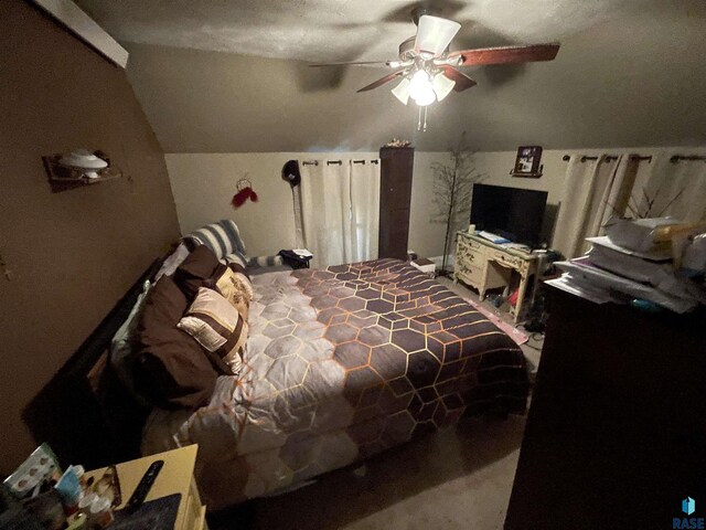 bedroom featuring ceiling fan and lofted ceiling