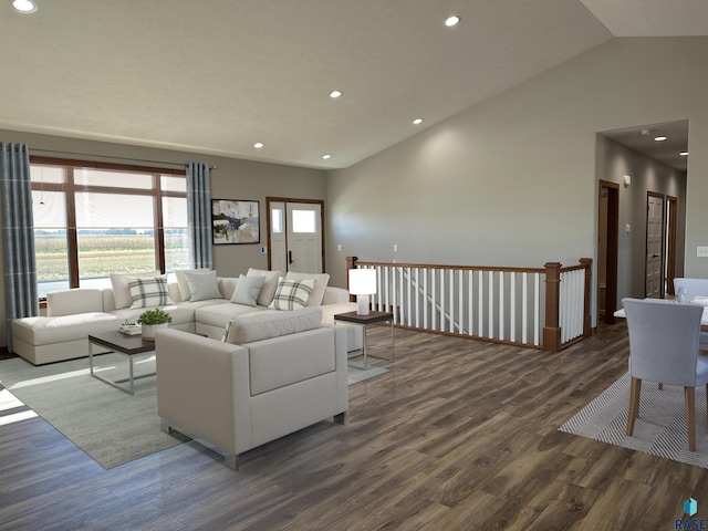 living room featuring lofted ceiling and dark wood-type flooring