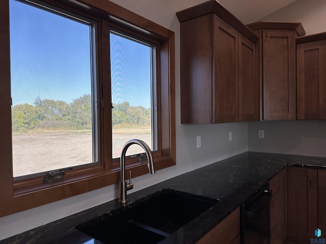 kitchen with black dishwasher, sink, and dark stone counters