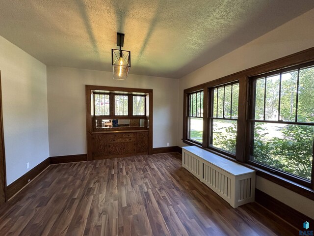 doorway to outside featuring dark wood-type flooring and a textured ceiling