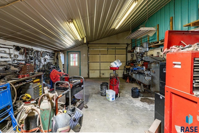 garage with a workshop area