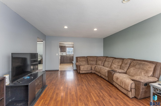 living room featuring dark wood-type flooring