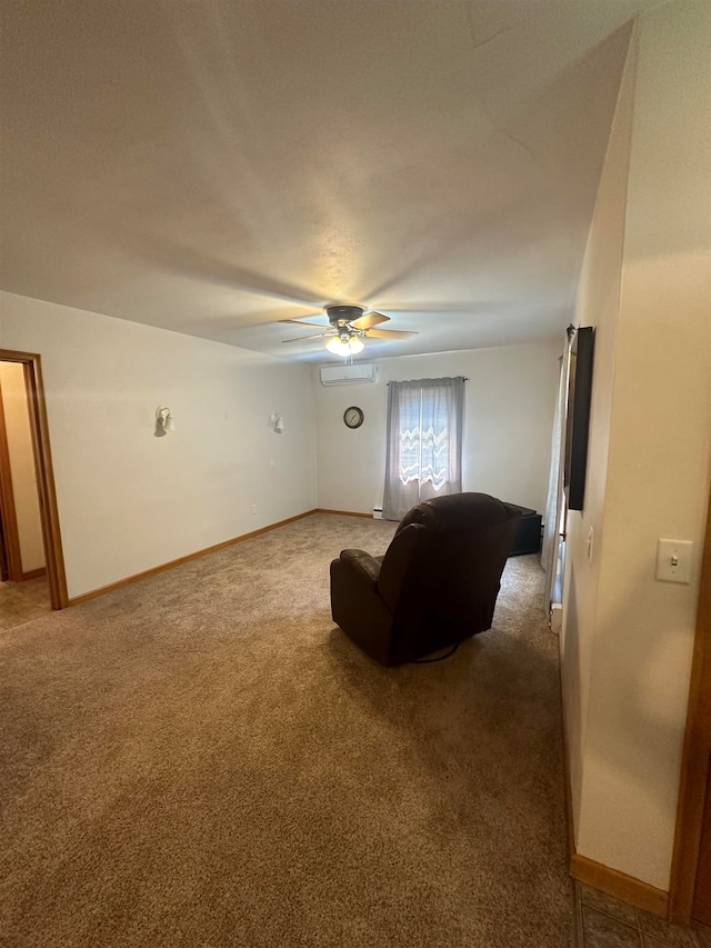 living room featuring carpet flooring and ceiling fan