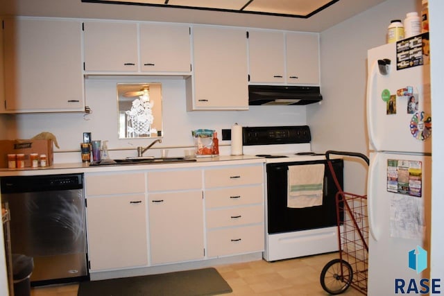 kitchen featuring white cabinets, extractor fan, white appliances, and sink