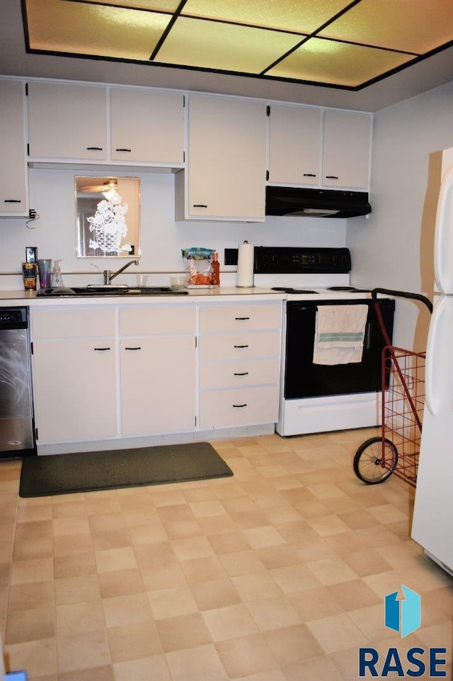 kitchen featuring white cabinetry, sink, white appliances, and light tile patterned floors