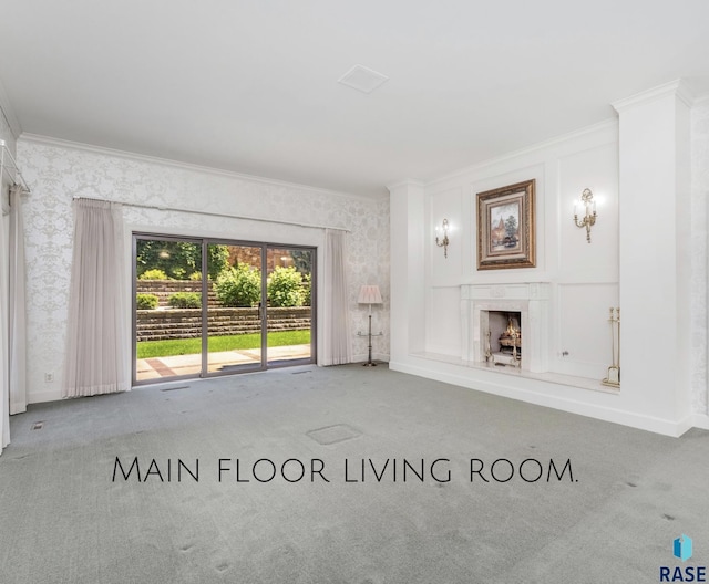 unfurnished living room featuring crown molding and carpet flooring