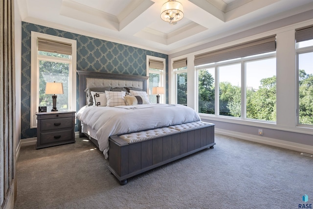 bedroom featuring coffered ceiling, an inviting chandelier, dark colored carpet, beamed ceiling, and crown molding