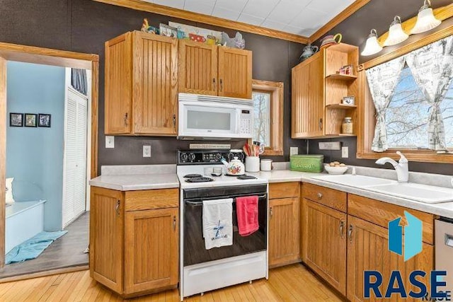 kitchen with light hardwood / wood-style floors, white appliances, and sink