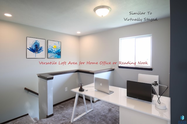 office area featuring dark colored carpet