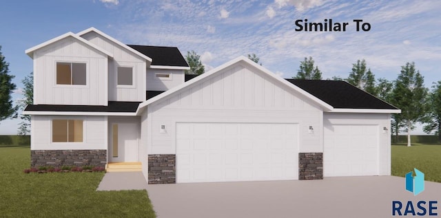 view of front facade featuring driveway, board and batten siding, an attached garage, and a front yard