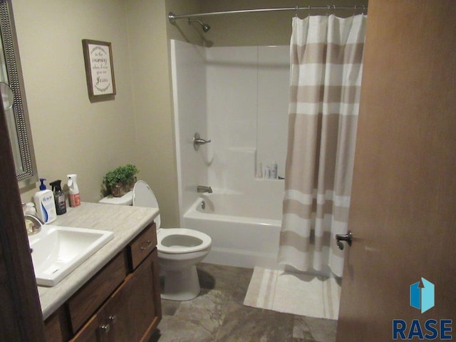 full bathroom with tile patterned flooring, toilet, vanity, and shower / tub combo with curtain