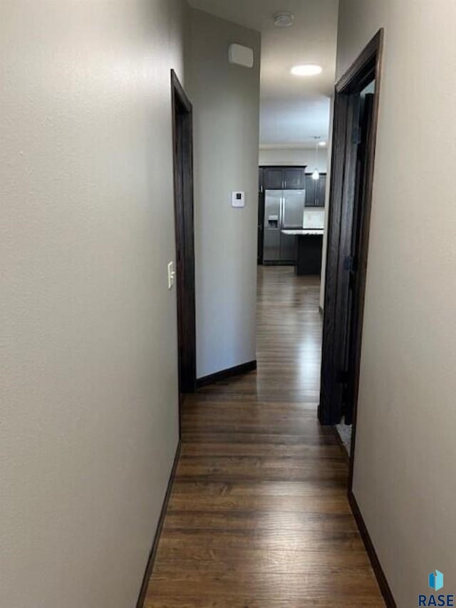 corridor with dark hardwood / wood-style flooring