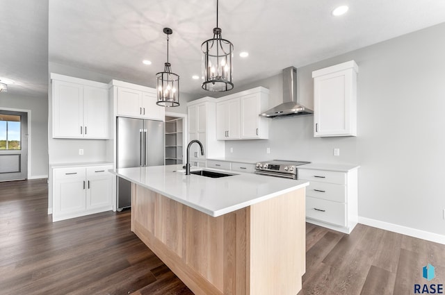 kitchen featuring dark wood-style floors, stainless steel appliances, wall chimney range hood, and a sink