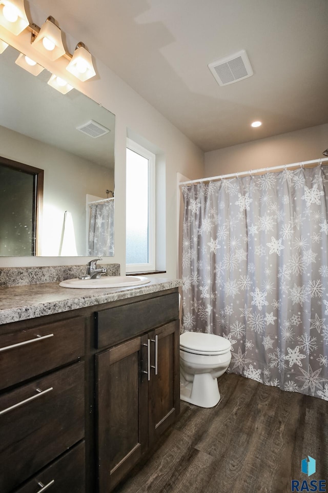 bathroom with hardwood / wood-style flooring, vanity, and toilet