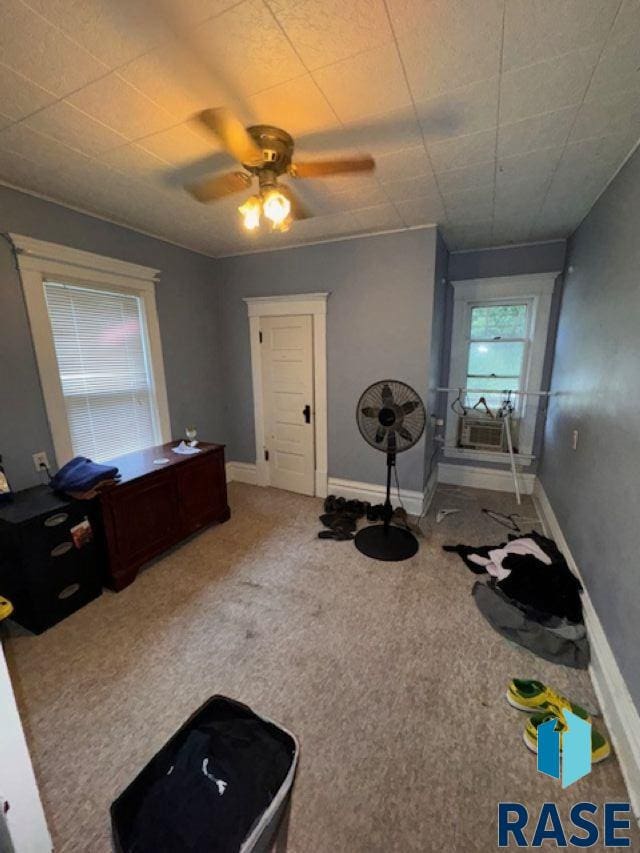 workout area featuring ceiling fan and carpet floors