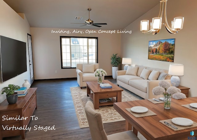 living room with ceiling fan with notable chandelier, visible vents, wood finished floors, and lofted ceiling