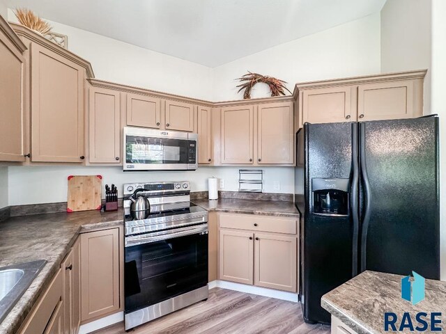 kitchen with sink, stainless steel appliances, and light wood-type flooring