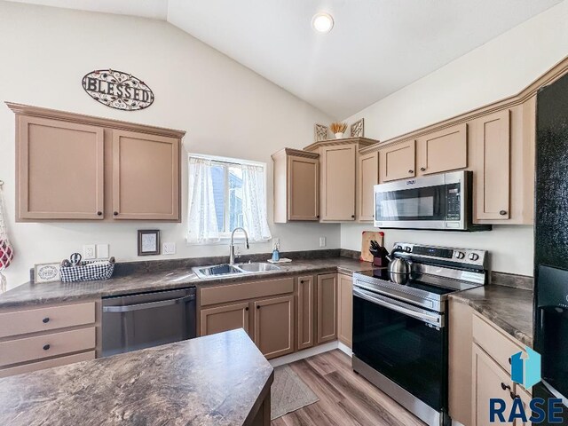 kitchen with sink, light wood-type flooring, vaulted ceiling, and appliances with stainless steel finishes