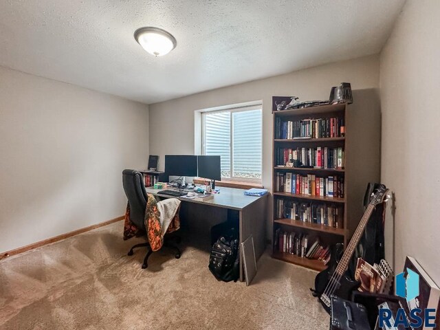 office space with a textured ceiling and carpet